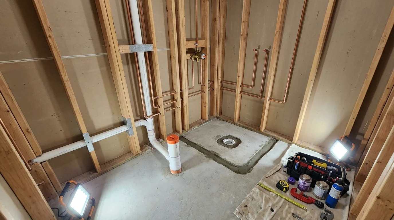 Bathroom rough-in plumbing during remodel by Johns Plumbing LLC in Laton