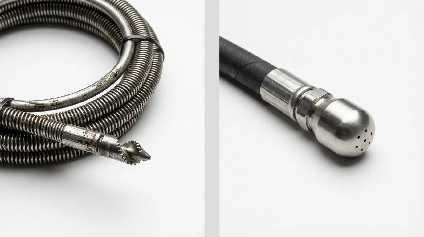Drain snake cable and hydro jetting nozzle used for drain cleaning in Laton, CA