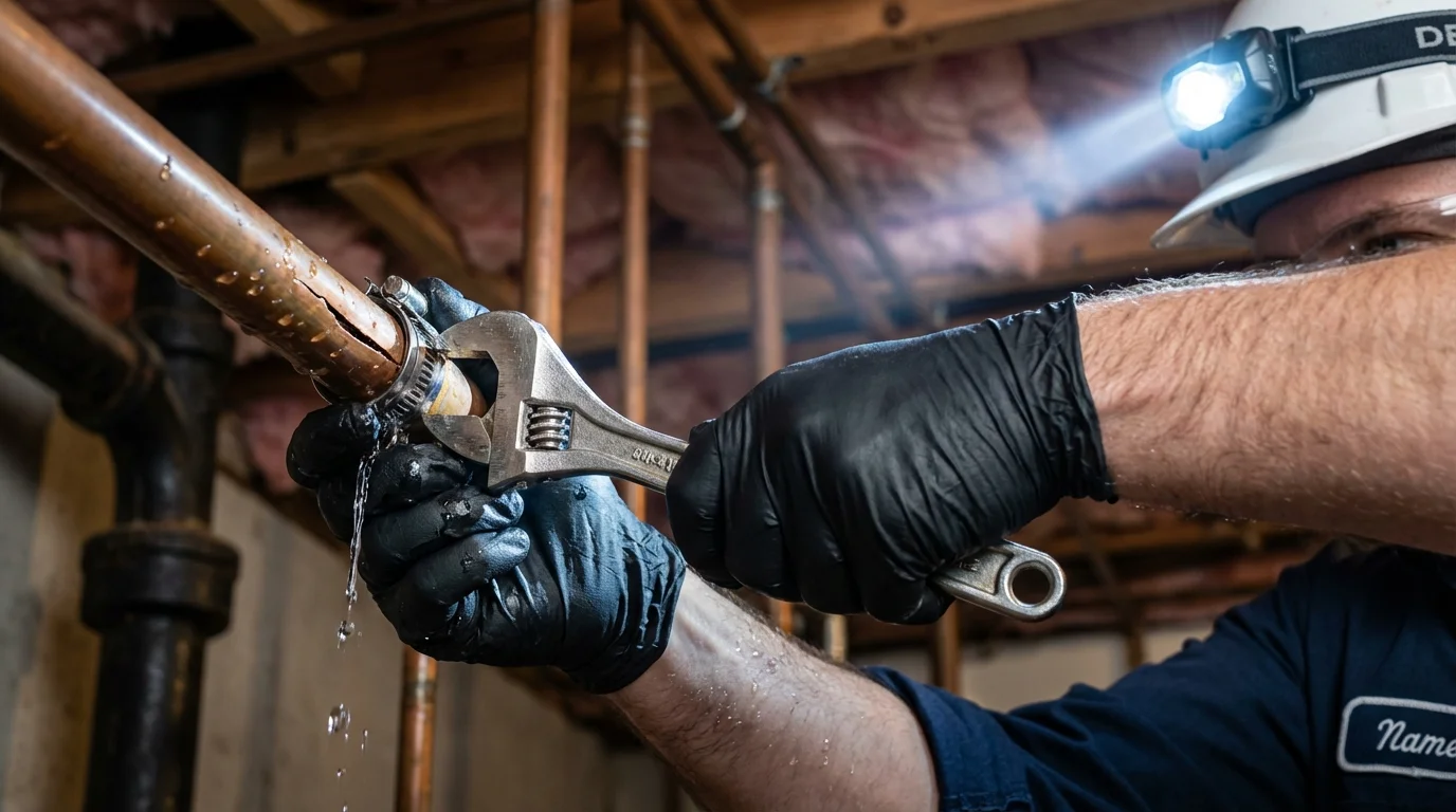 Emergency pipe clamp repair being performed by a Johns Plumbing LLC plumber in Laton