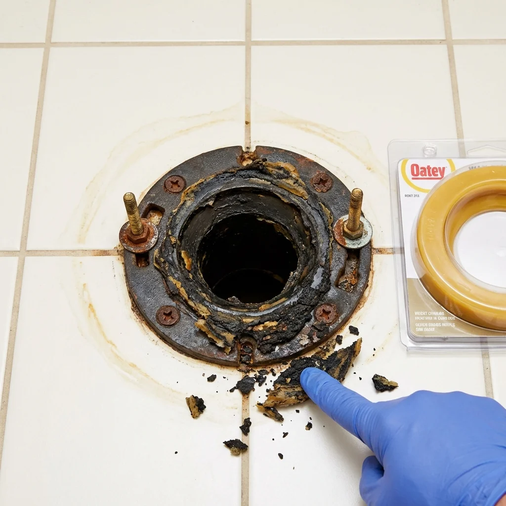 Failed wax ring showing water seepage at the base of a toilet in a Laton, CA home